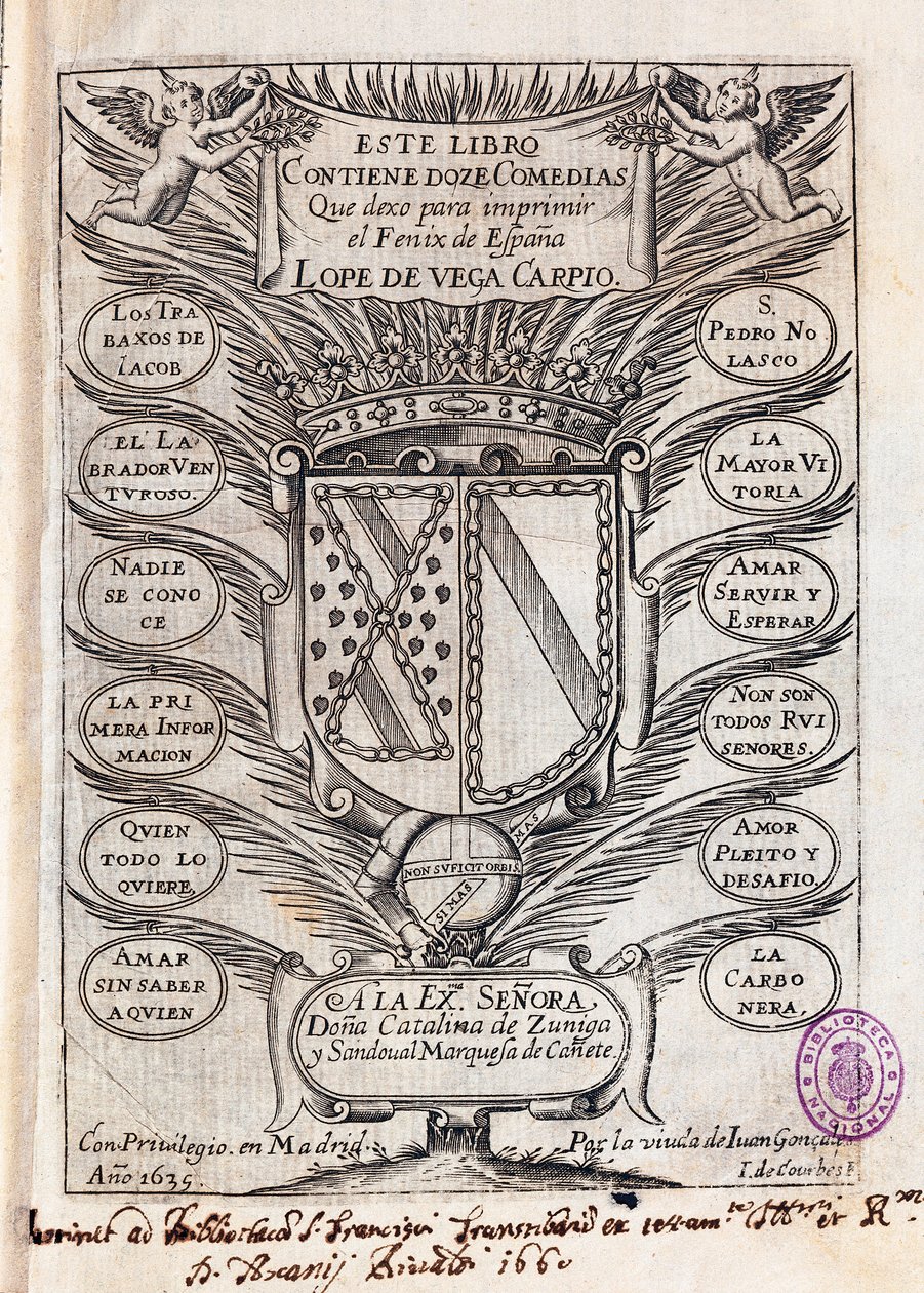 Vega Carpio (1562-1635) tarafından Felix Lope tarafından on iki komedi koleksiyonunun yarım başlık sayfası by J. de (after) Courbes