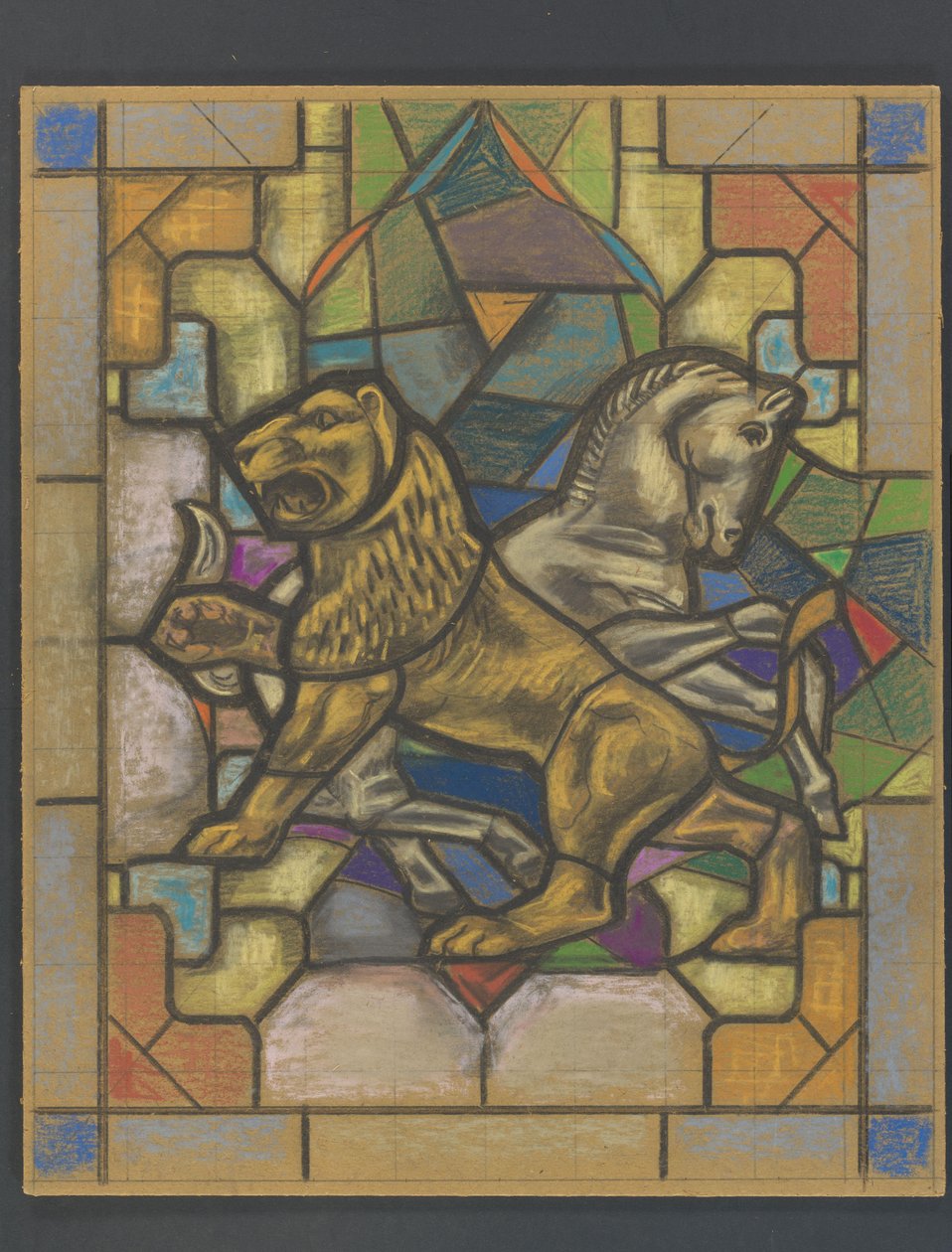 Aslan ve atlı vitray pencere tasarımı by Jaap Weyand