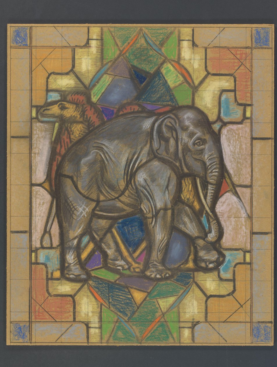 Bir fil ve deve ile vitray pencere için tasarım by Jaap Weyand
