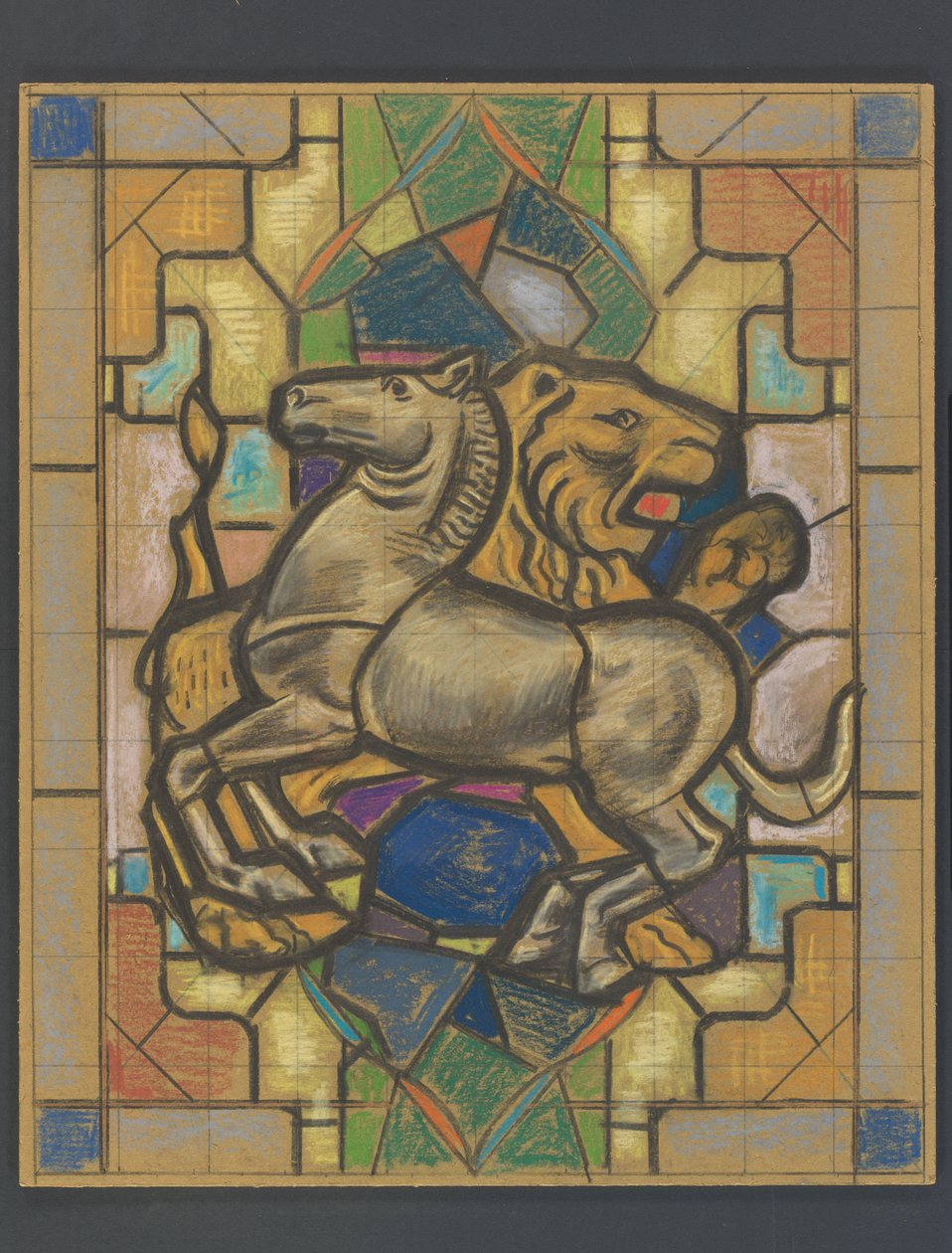 Bir at ve aslan ile vitray pencere için tasarım by Jaap Weyand