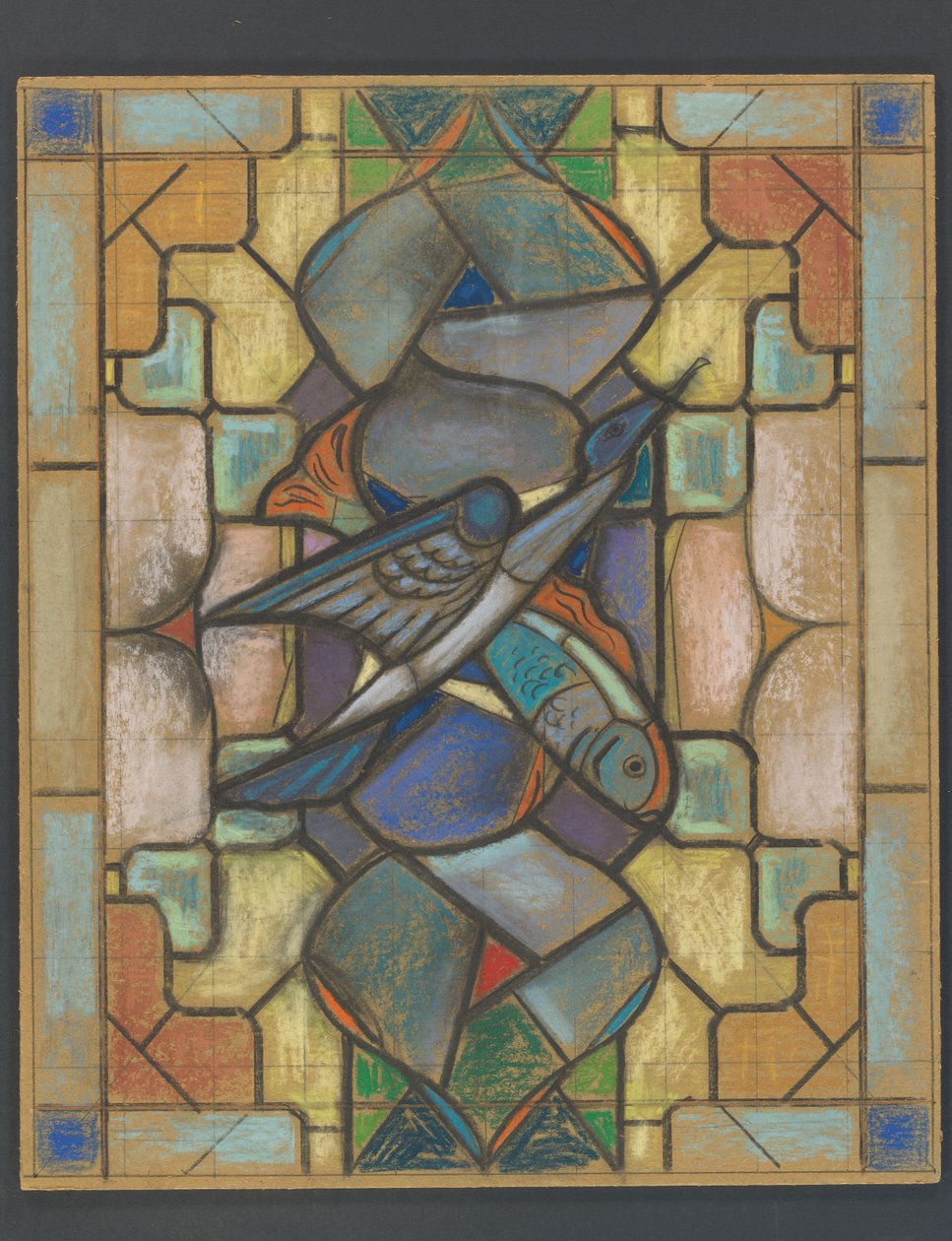 Bir kuş ve balık ile bir vitray pencere için tasarım by Jaap Weyand