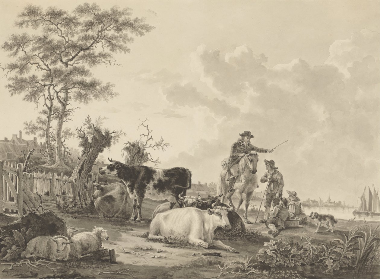 Sığır, Koyun ve Çobanlarla Manzara by Jacob van Strij