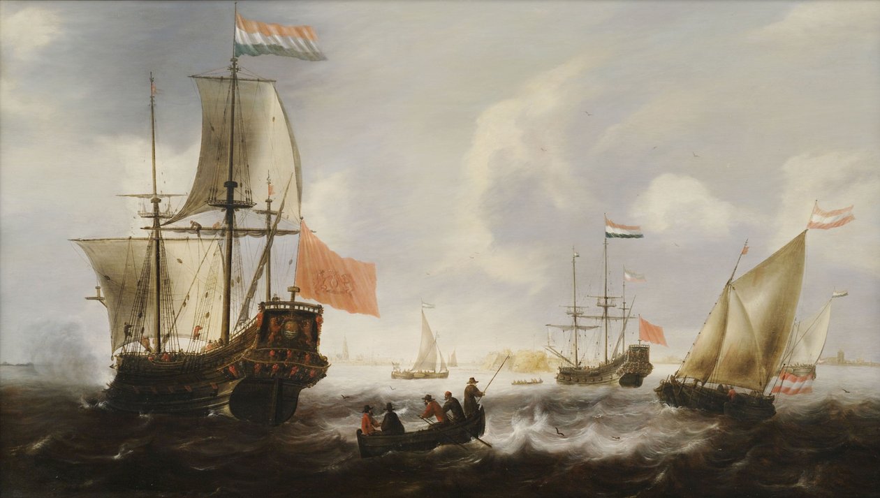 Vlissingen kıyısında Hollandalı fırkateyn ve tekneler by Jacob Adriaensz Bellevois