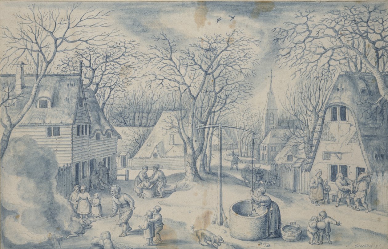 Bir Köy Manzarası: Kış, 16. yüzyıl (fırça ve mavi sulu boya) by Jacob I Savery