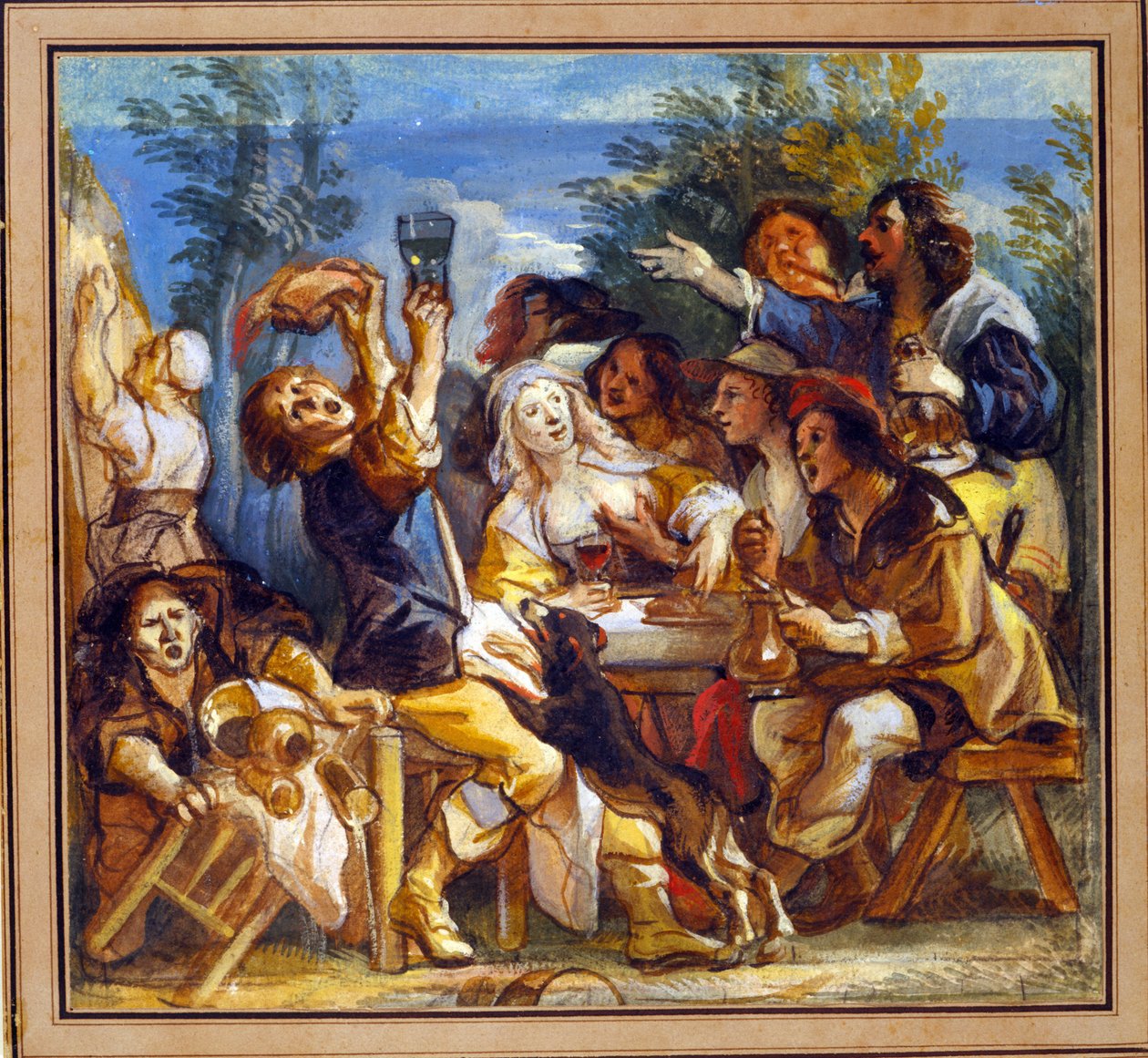 Bir Han Dışında İçen Bir Parti (kağıt üzerinde beyaz ile yükseltilmiş wc) by Jacob Jordaens