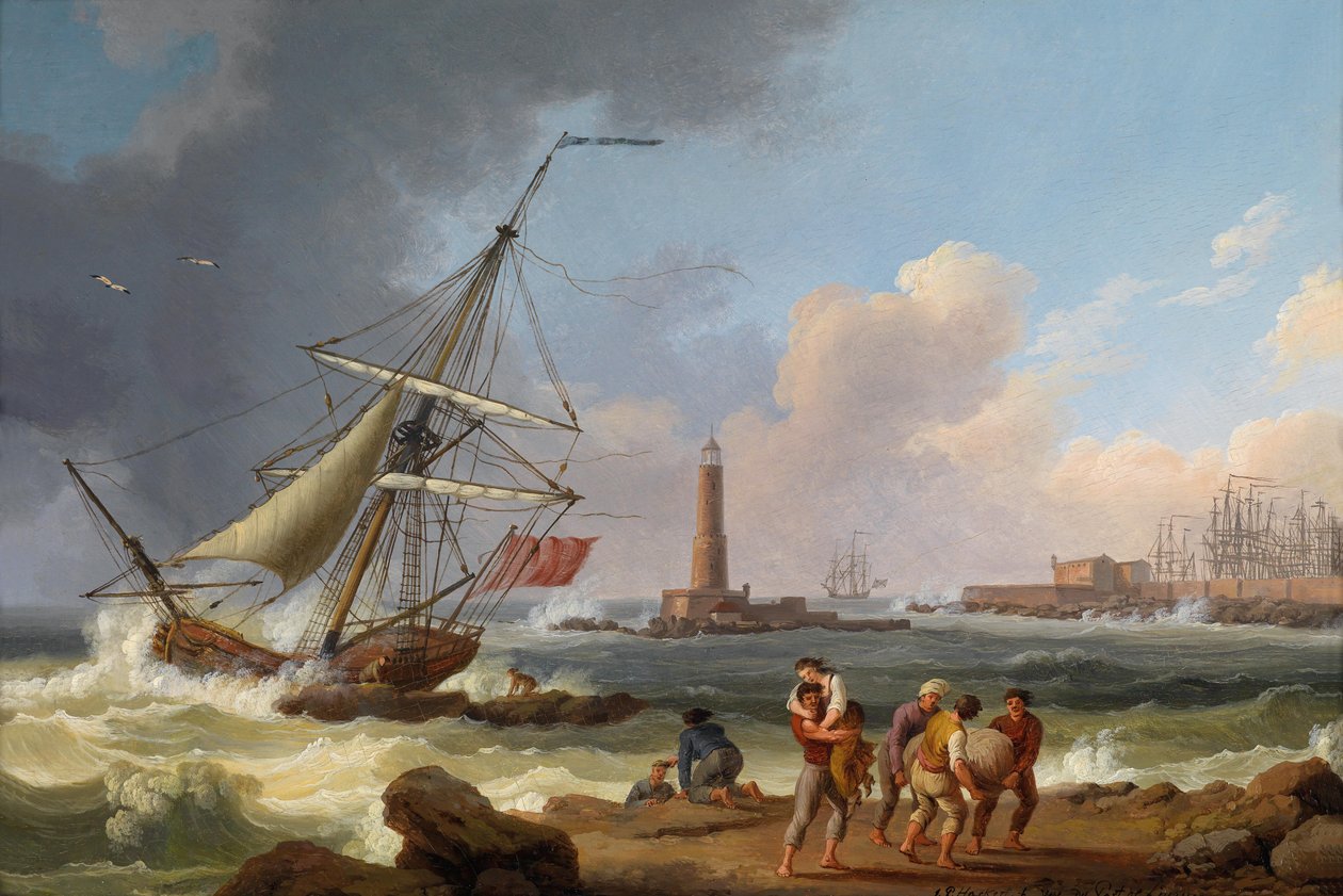 Livorno limanı, gemi enkazının kurtarılmasıyla by Jacob Philippe Hackert