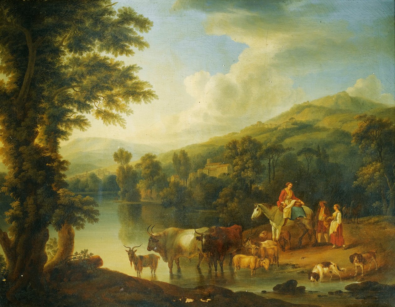 Bir binici ile nehir manzarası by Jacob Philipp Hackert
