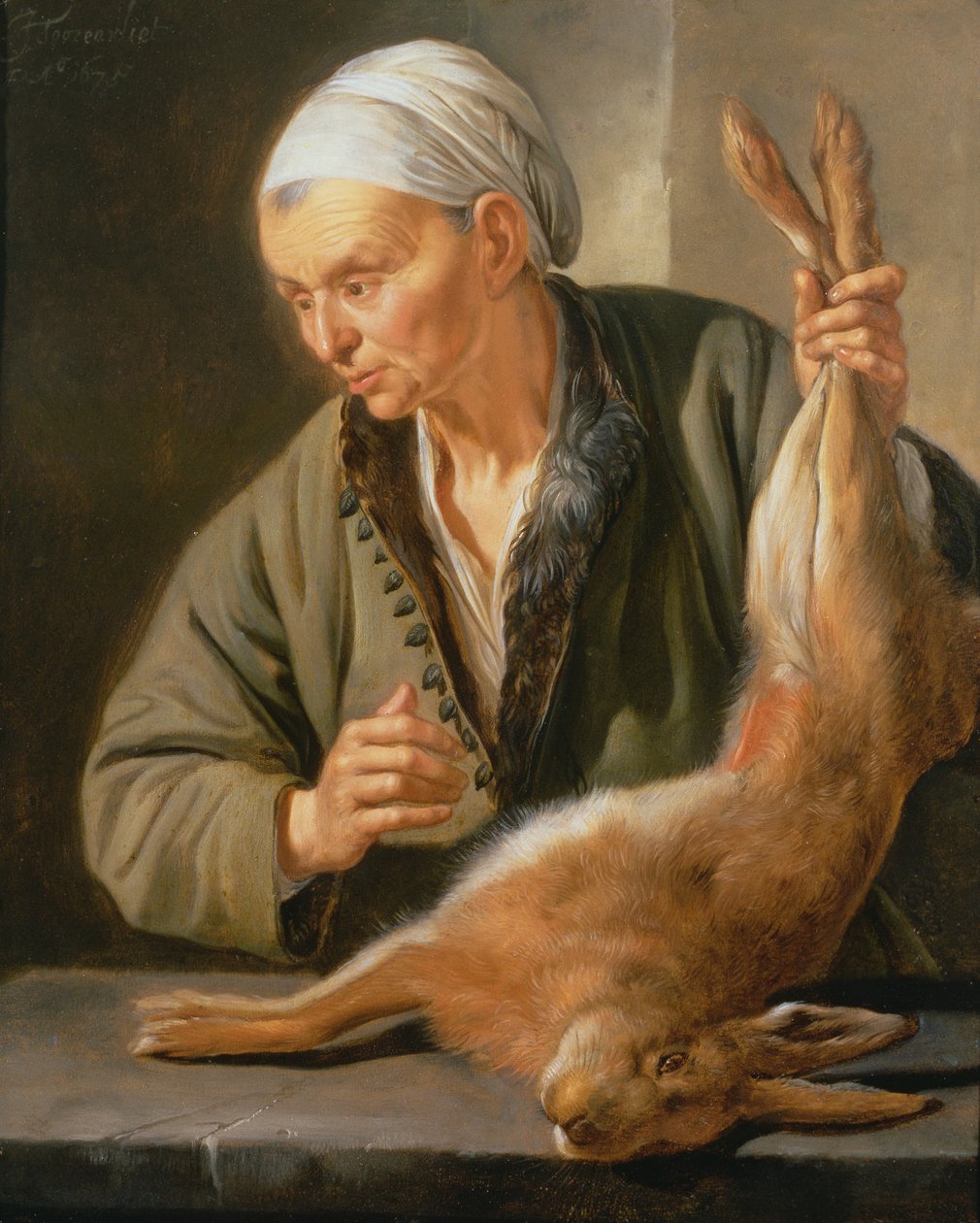 Ölü tavşanlı kadın, 1675 by Jacob Toorenvliet