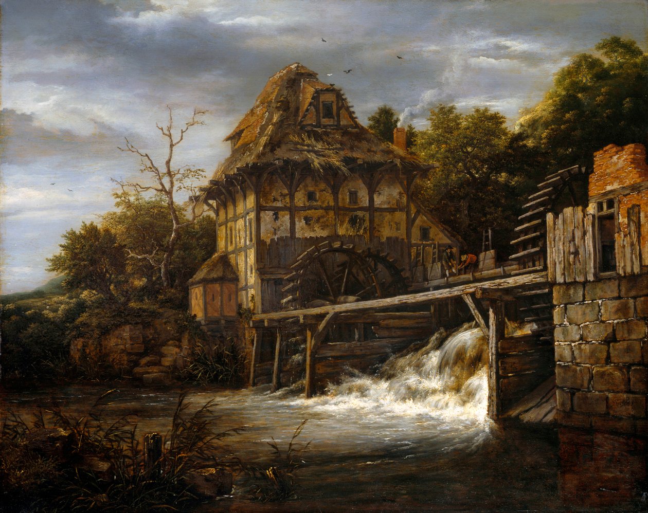 Bir Savak Açan Adamlarla İki Undershot Su Değirmeni by Jacob van Ruisdael