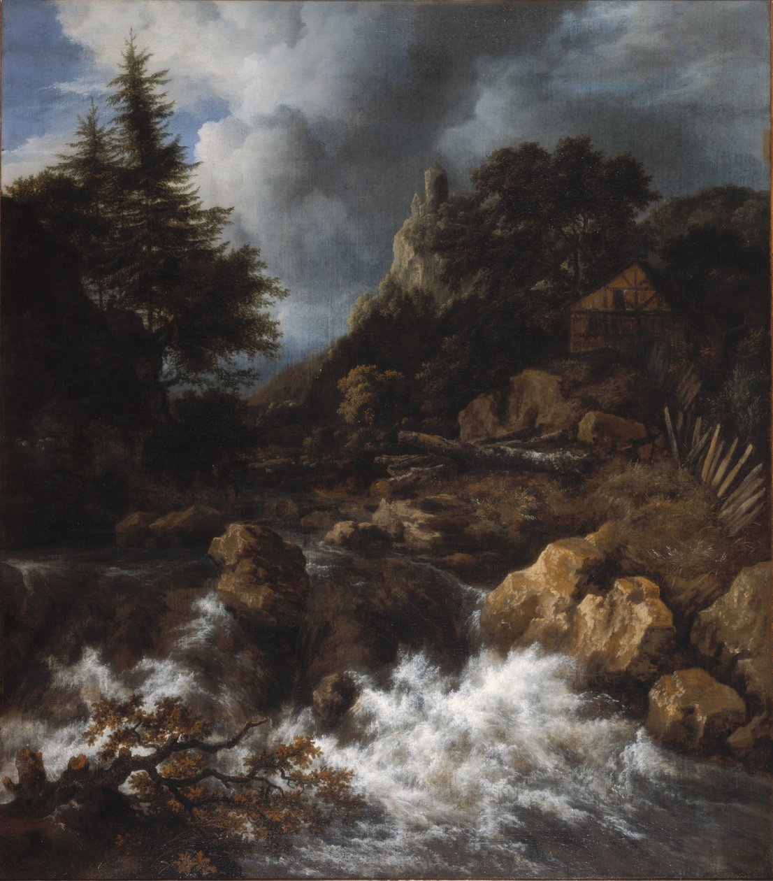 Yarı Ahşap Ev ve Kale ile Şelale by Jacob van Ruisdael