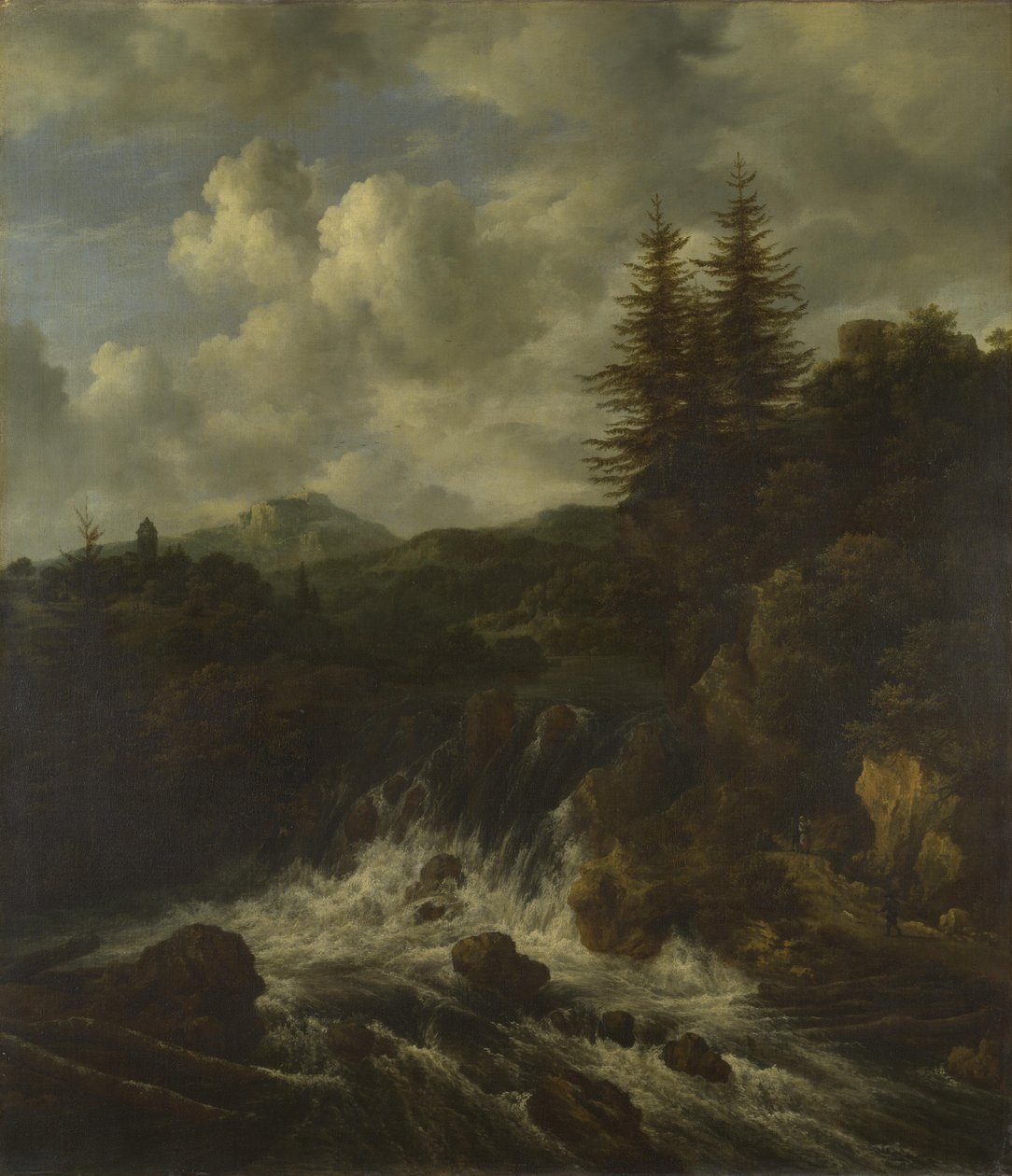 Şelaleli ve Tepedeki Kaleli Manzara by Jacob van Ruisdael