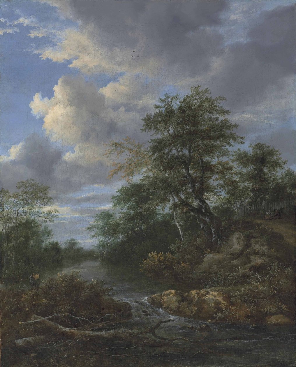 Bir yolda dinlenen bir aile ile ormanlık bir nehir manzarası by Jacob van Ruisdael