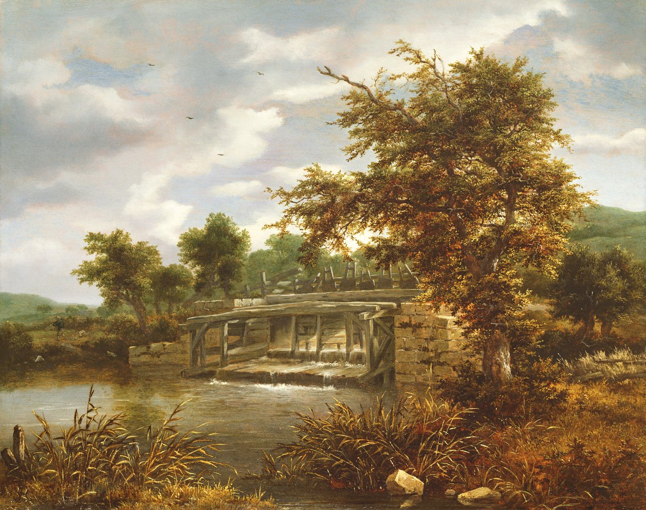 Bir savak kapısı olan ormanlık bir nehir manzarası by Jacob van Ruisdael