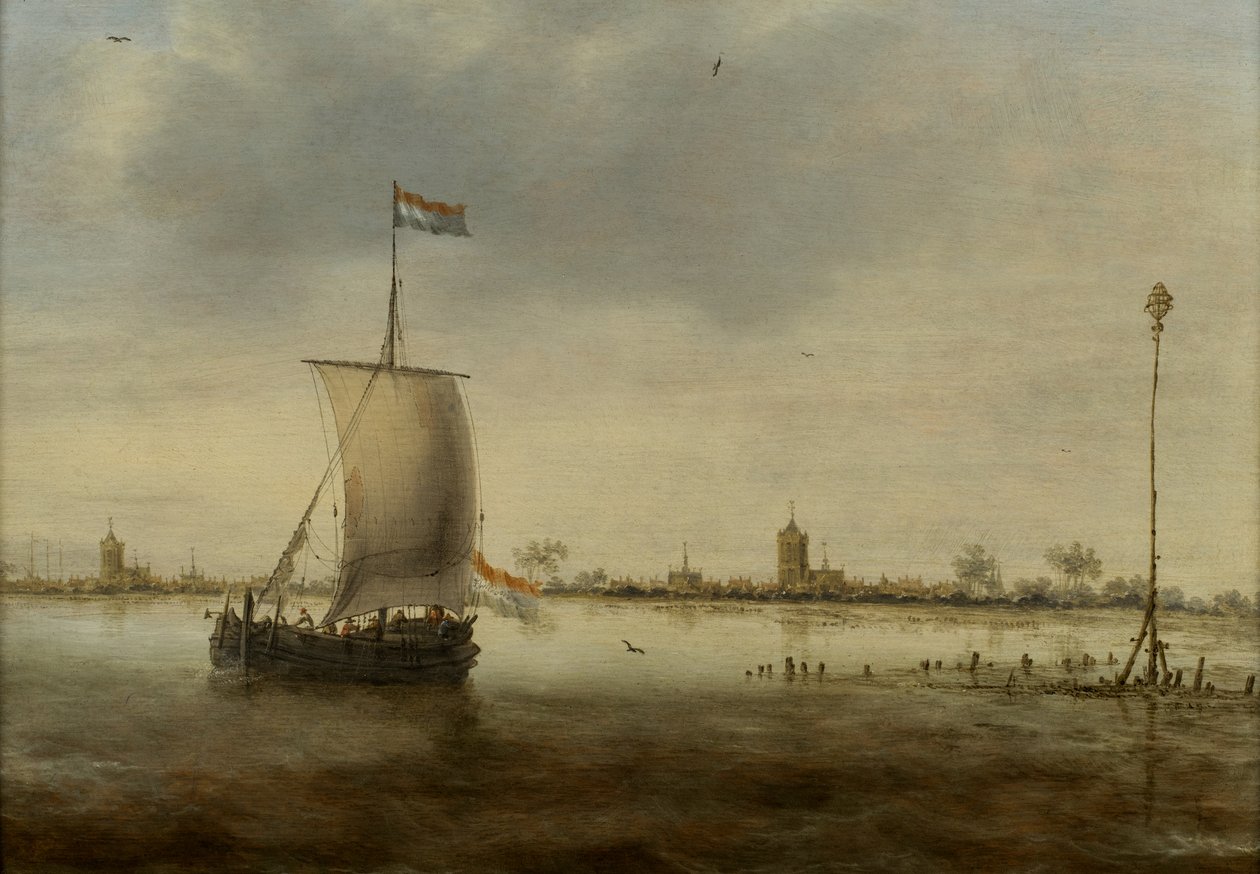 Schoonhoven olduğu düşünülen bir Hollanda Kasabasının Kıyısında Bir Yelkenli Gemi by Jacob Adriaensz. Bellevois