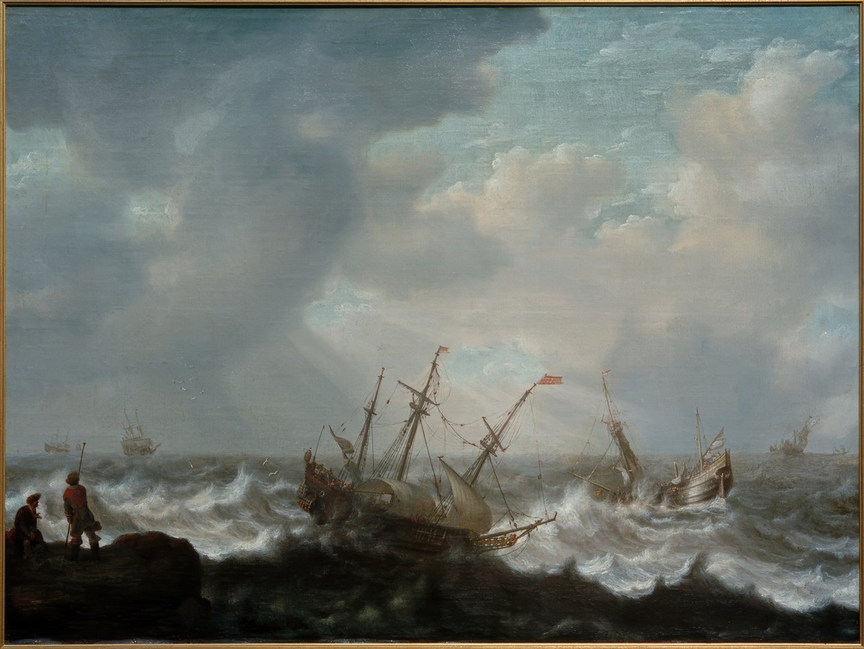 Fırtınalı denizlerde üç kaptan ve diğer gemiler by Jacob Adriaensz Bellevois