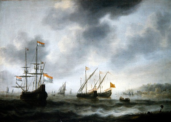 Hollanda Amiral Gemisi De Roode Leeuw ve İki İngiliz Gemisi (tuval üzerine yağlı boya) by Jacob Adriaensz. Bellevois