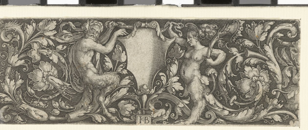 Bir erkek ve bir kadın satir tarafından taşınan kalkanlı friz by Jacob Binck (signed by artist)