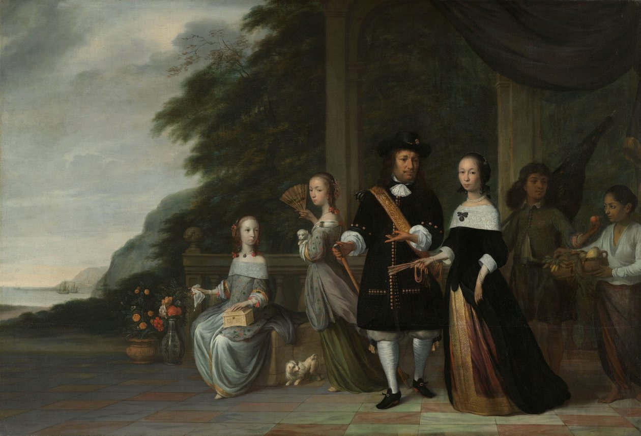 Pieter Cnoll, Cornelia van Nijenrode, Kızları ve İki Köle Hizmetçisi Pieter Cnoll ve Cornelia van Nijenrode, iki kızları Catharina ve Hester, köleleştirilmiş Surapati ve köleleştirilmiş bir kadın by Jacob Coeman