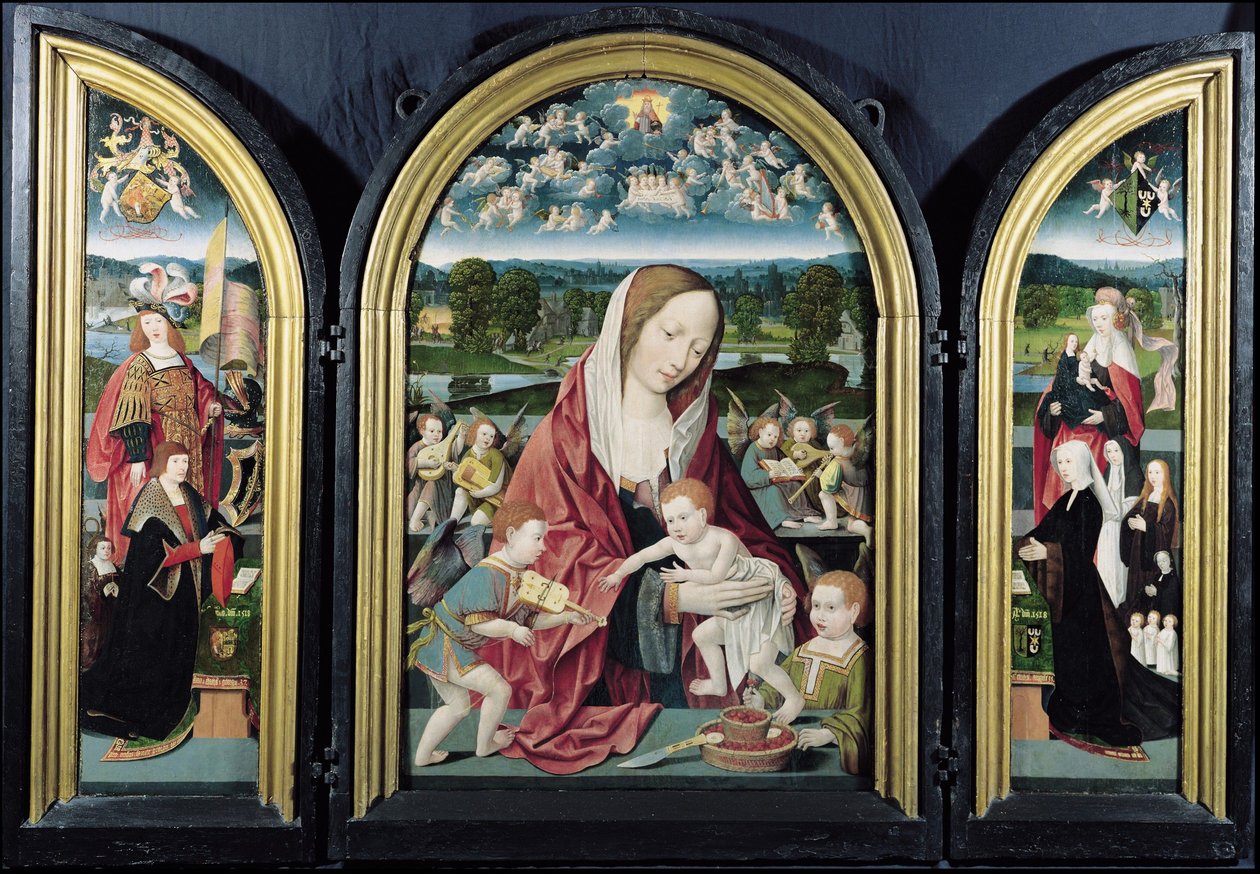 Müzik Yapan Melekler ve Sampsons-Coolen ailesi ile Bakire ve Çocuk, Üç Parçalı, 1500-1525 by Jacob Cornelisz van Oostsanen