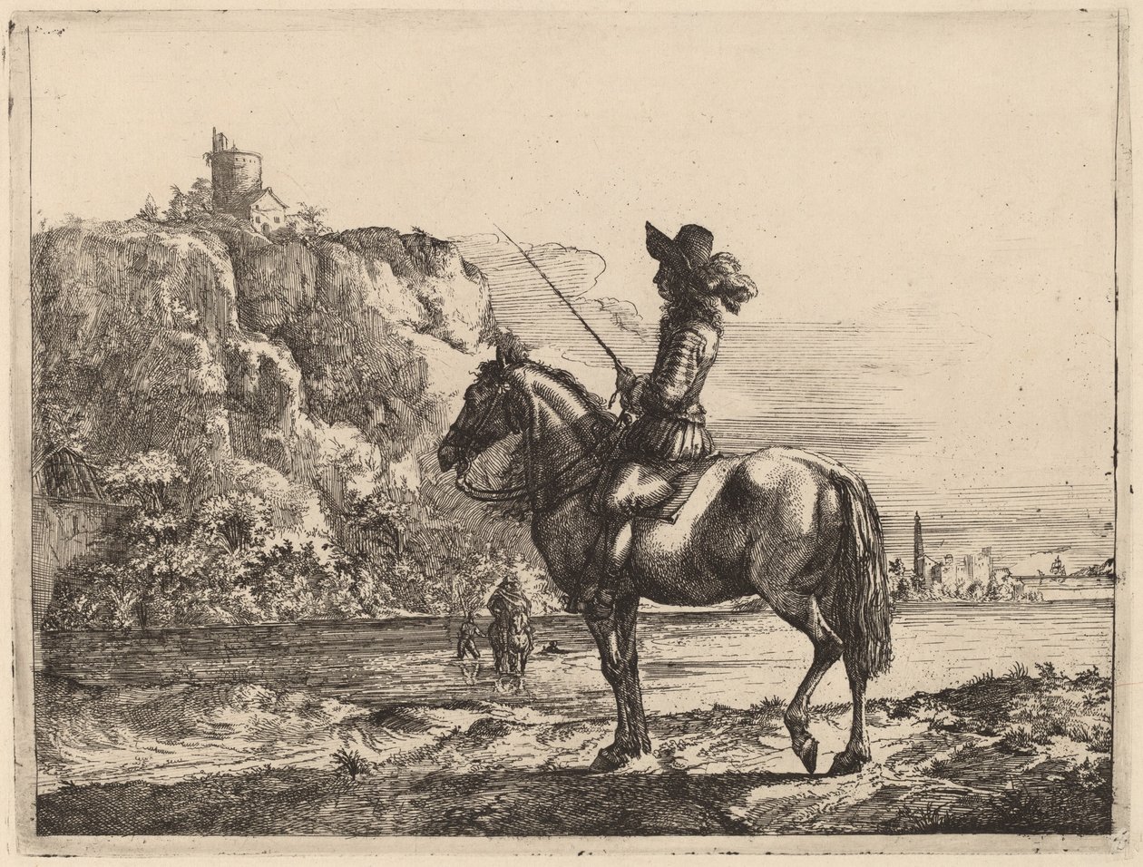 Süvari ile nehir manzarası by Jacob Duck