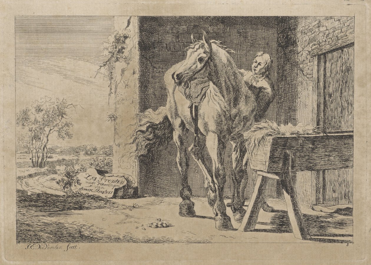 Yemlikte atlı bir figür Çeşitli ustaların çizimlerinden sonra altı baskı (nesne üzerinde seri başlığı) by Jacob Elias van Varelen