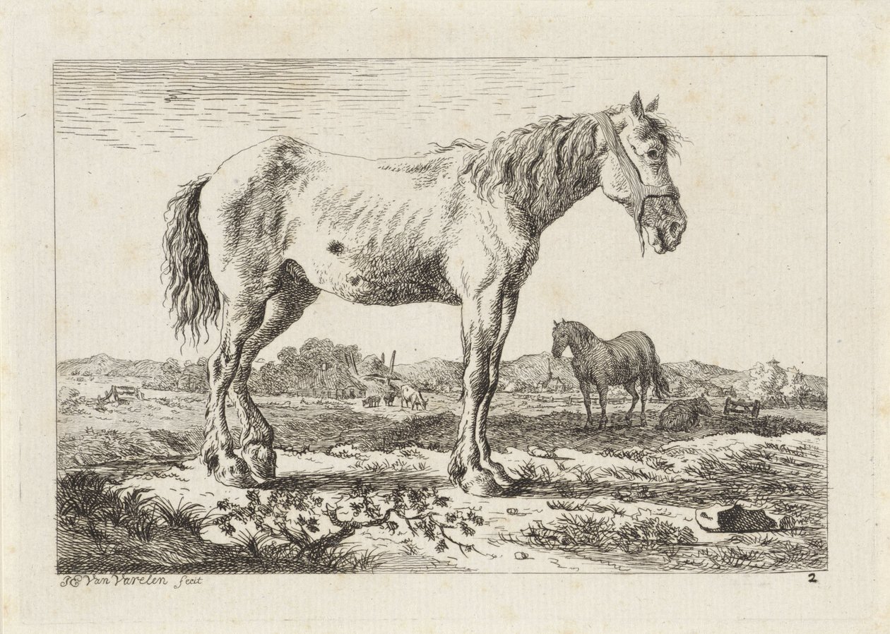 Bir manzarada duran at Çeşitli ustaların çizimlerinden sonra altı baskı (seri başlığı) by Jacob Elias van Varelen