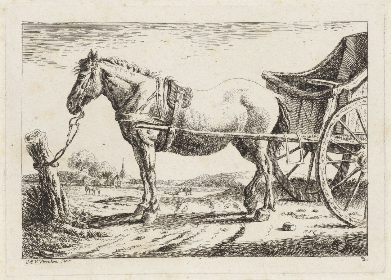 Ayakta duran at, bir arabanın önünde otostopla Çeşitli ustaların çizimlerinden sonra altı baskı (seri başlığı) by Jacob Elias van Varelen