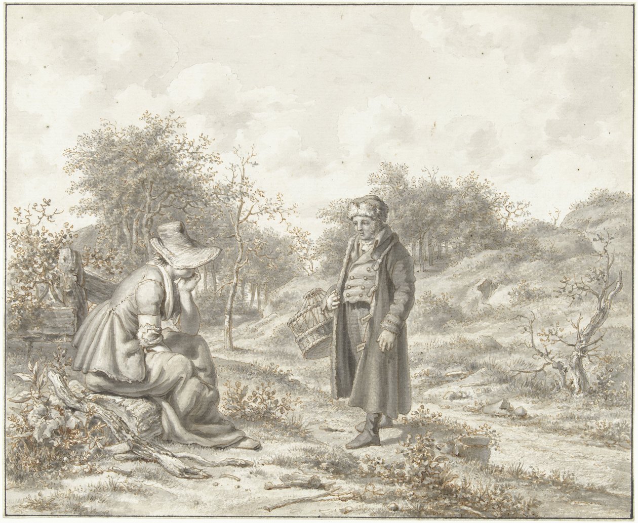 Oturan kadın ve sepetli duran adam ile tepelik manzara by Jacob Ernst Marcus