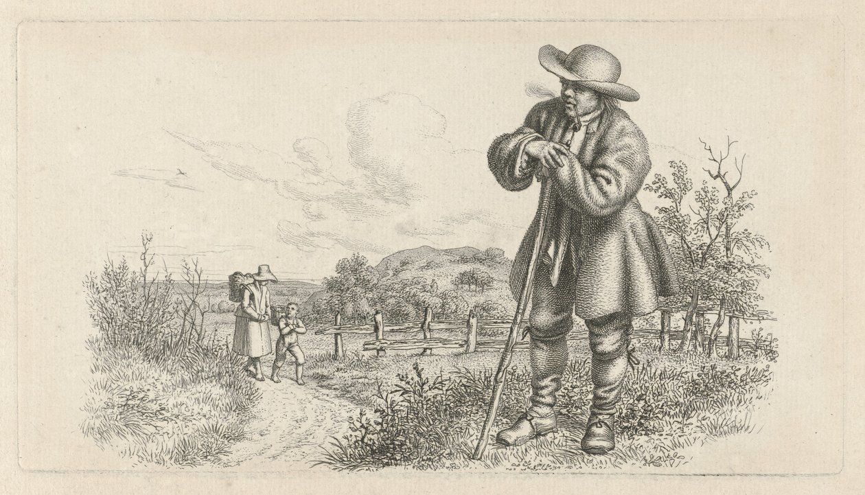 Bir çubuğa yaslanmış bir adam ve bir köy yolunda çocuğu olan bir kadın. Çalışma baskıları / Etudes mezarları (seri başlığı) by Jacob Ernst Marcus