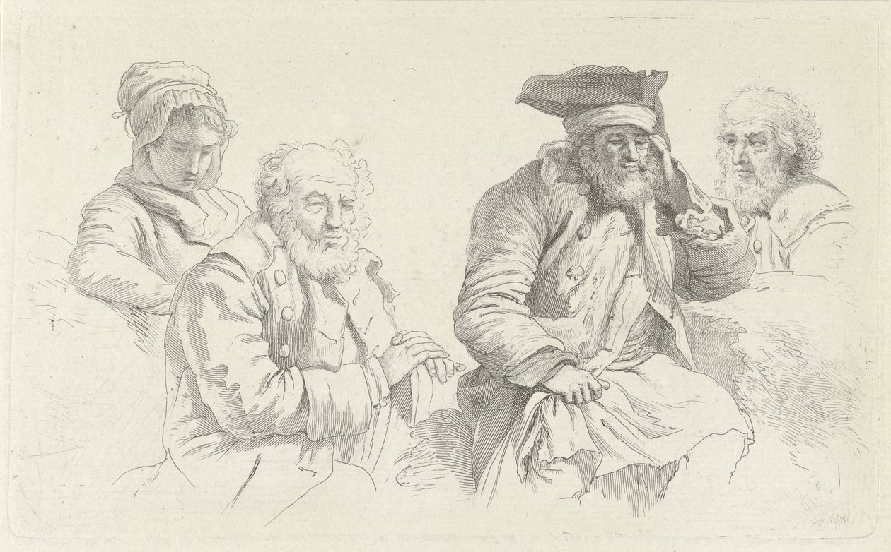Üç yaşlı adam ve genç bir kadınla çalışma sayfası Çalışma baskıları / Etudes mezarları (seri başlığı) by Jacob Ernst Marcus