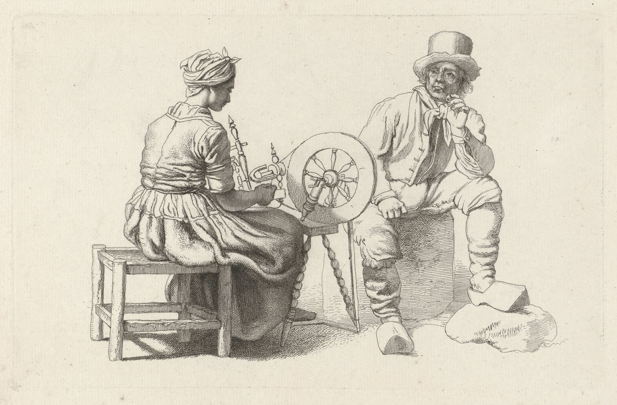 Çıkrık başında bir kadın ve oturan bir adamla çalışma sayfası Çalışma baskıları / Etudes mezarları (seri başlığı) by Jacob Ernst Marcus