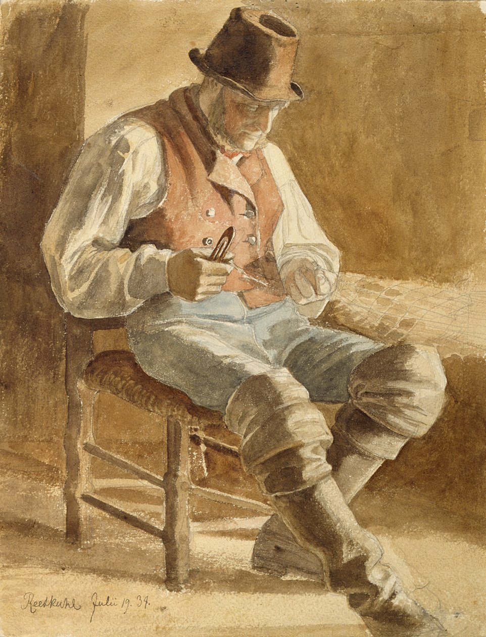 Ağ Tamir Eden Balıkçı, 1834 (kağıt üzerinde kalem ve tuvalet) by Jacob Gensler