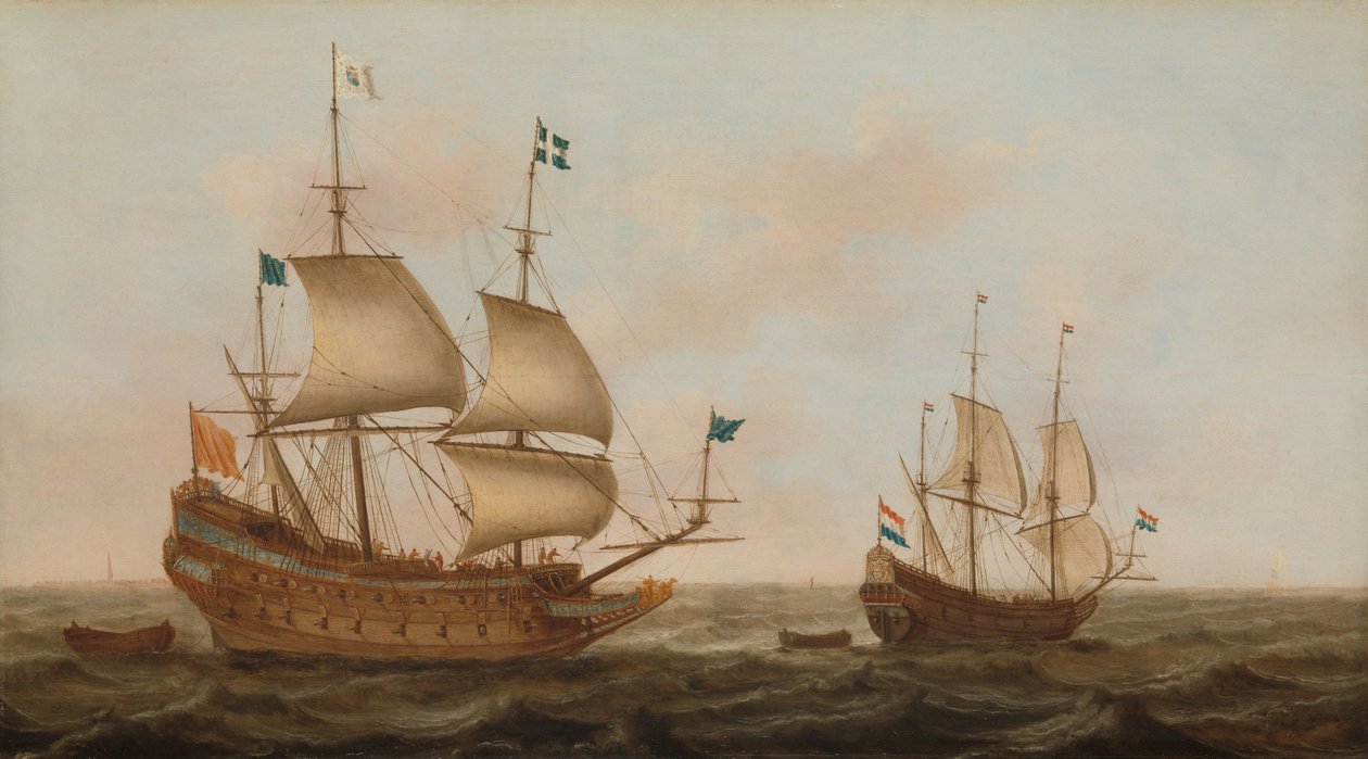Fransa İçin İnşa Edilmiş Bir Savaş Gemisi ve Yelken Altında Bir Hollanda Yatı by Jacob Gerritz Loef