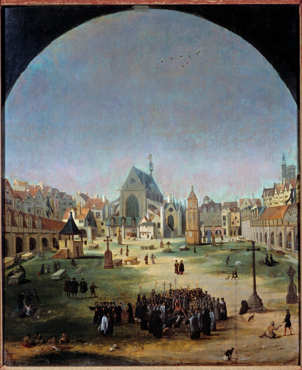 I. François döneminde Masumlar mezarlığı ve toplu mezarı Jakob Grimer tarafından resim (1526-c. 1589) by Jacob Grimmer
