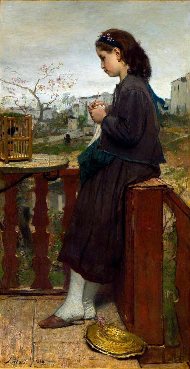""Balkonda Örgü Yapan Genç Kız, Montmartre, Paris"" (Balkonda örgü yapan kız, Montmartre) Tablo Jacob Maris (1837-1899) - 1869 - Tuval üzerine yağlı boya Dim 110x75,7 cm Gemeentemuseum Den Haag by Jacob Henricus or Hendricus Maris