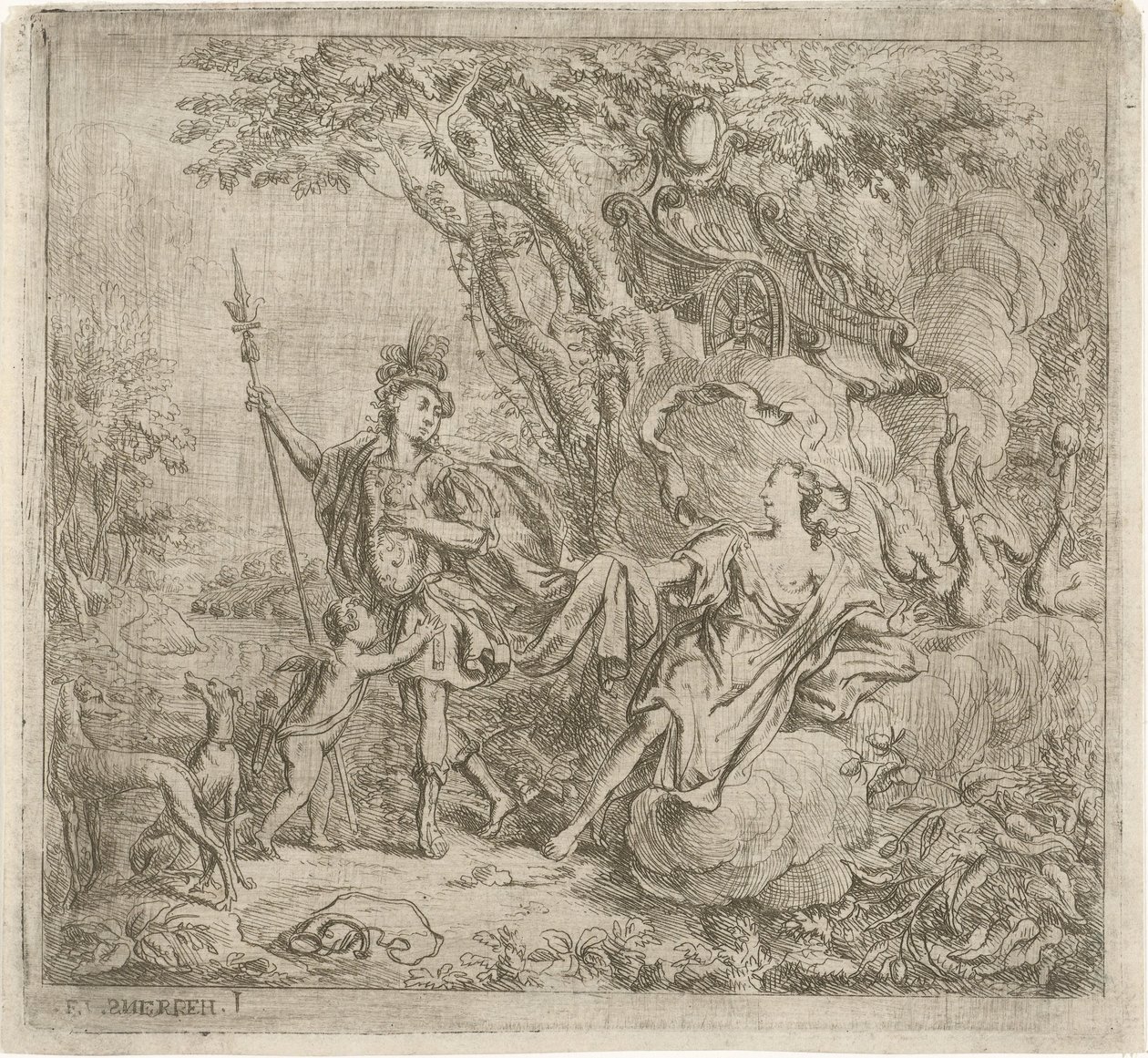 Venüs, Adonis'in avlanmasını durdurmaya çalışıyor by Jacob Herreyns (I)