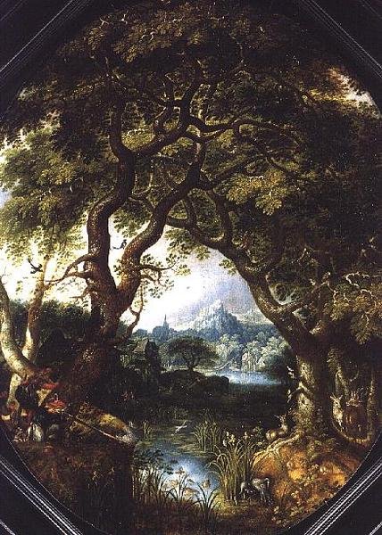 Bir Derenin Yanında Avcıların Olduğu Ormanlık Bir Peyzaj by Jacob I Savery