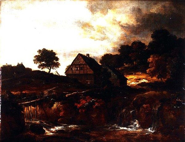 Bir sel üzerinde bir köprüde köylü ile Ormanlık Manzara by Jacob I. van (follower of) Ruisdael