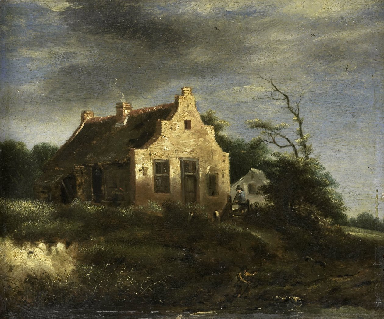 Ormanlık bir kumul manzarasında çiftlik by Jacob Isaacksz van Ruisdael (school of)