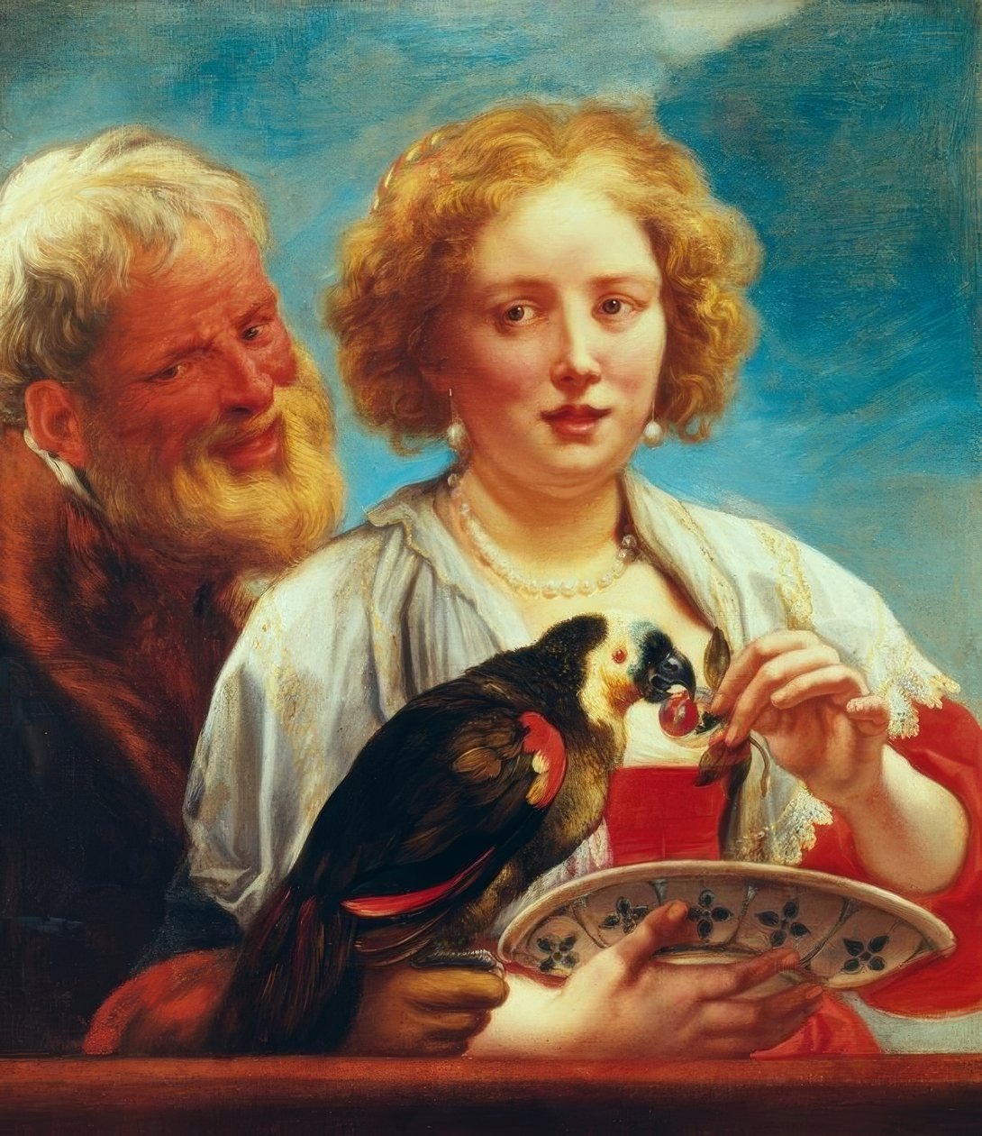 Yaşlı bir adam ve bir papağan olan genç bir kadın by Jacob Jordaens