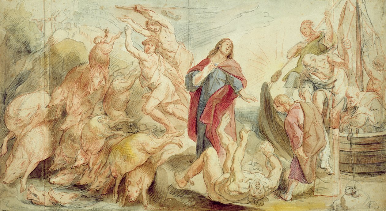 İsa, şeytanı ele geçirilmiş olandan uzaklaştırıyor (kağıt üzerinde tebeşir ve wc) by Jacob Jordaens