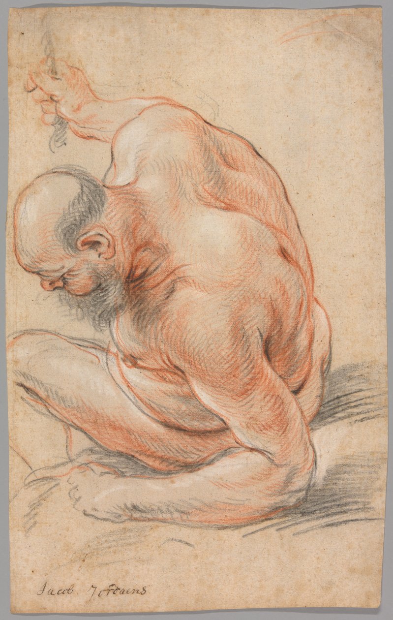 Çıplak Yaşlı Adam Oturmuş, Koluna Yaslanmış, Yüzü Sola Dönmüş by Jacob Jordaens