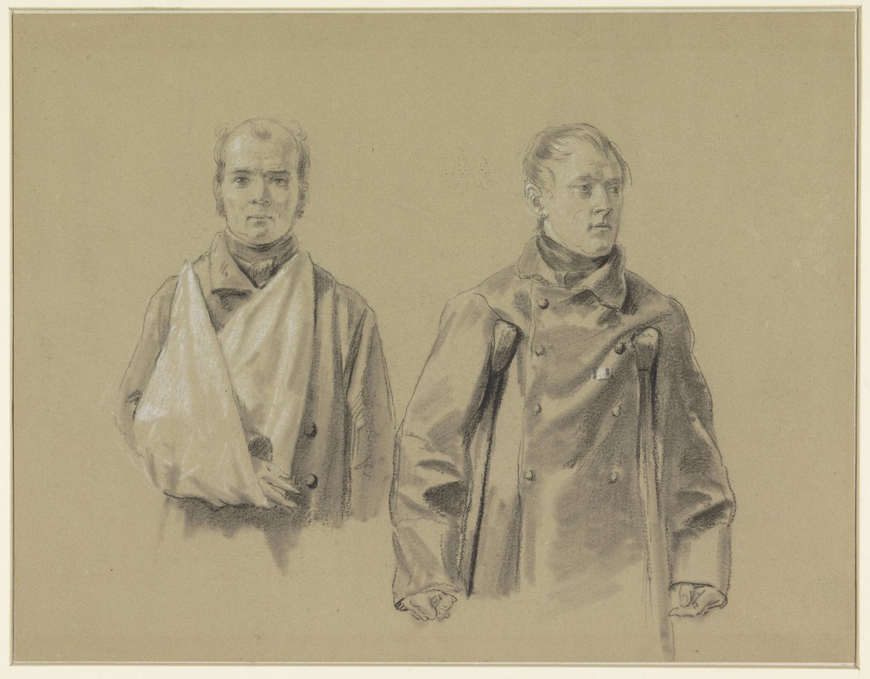 İki yaralı asker, sol kolu bir askıda, sağ koltuk değneklerinde by Jacob Joseph Eeckhout