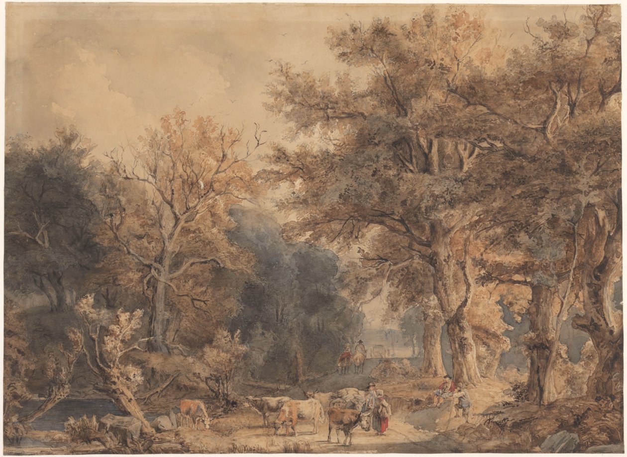 Figürler ve sığırlarla dolu orman manzarası by Jacob Maris