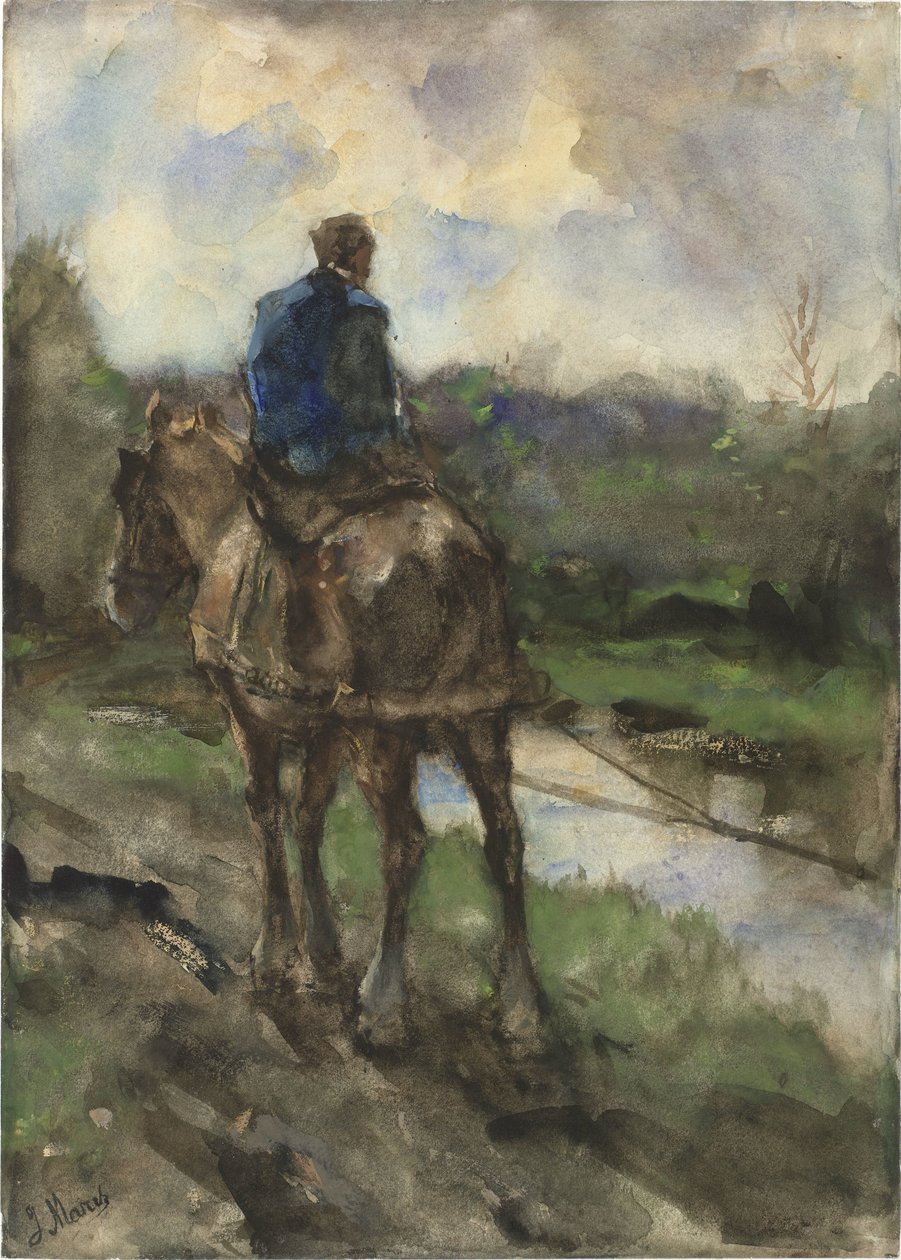 Çekme yolunda at sırtında avcı by Jacob Maris