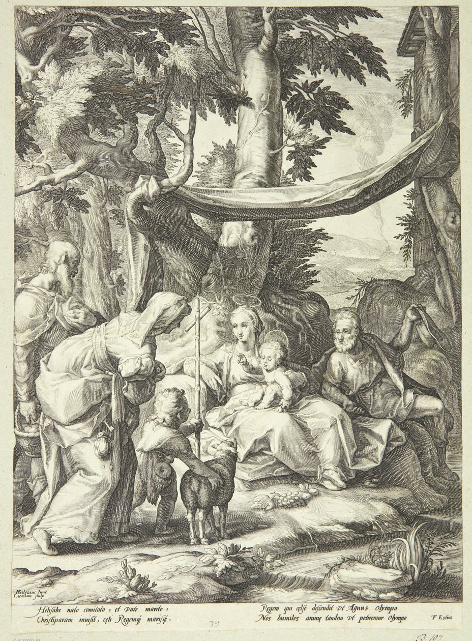 Çocukken Elisabeth, Zekeriya ve Vaftizci Yahya ile bir manzarada oturan kutsal aile by Jacob Matham