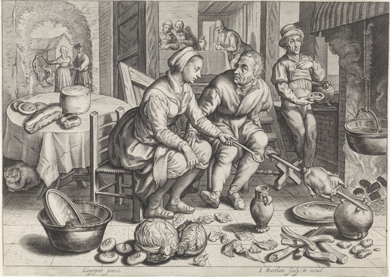 Bir şiş üzerinde tavuk ile mutfak parçası İncil sahneleri ile mutfak ve pazar sahneleri (dizi adı) by Jacob Matham