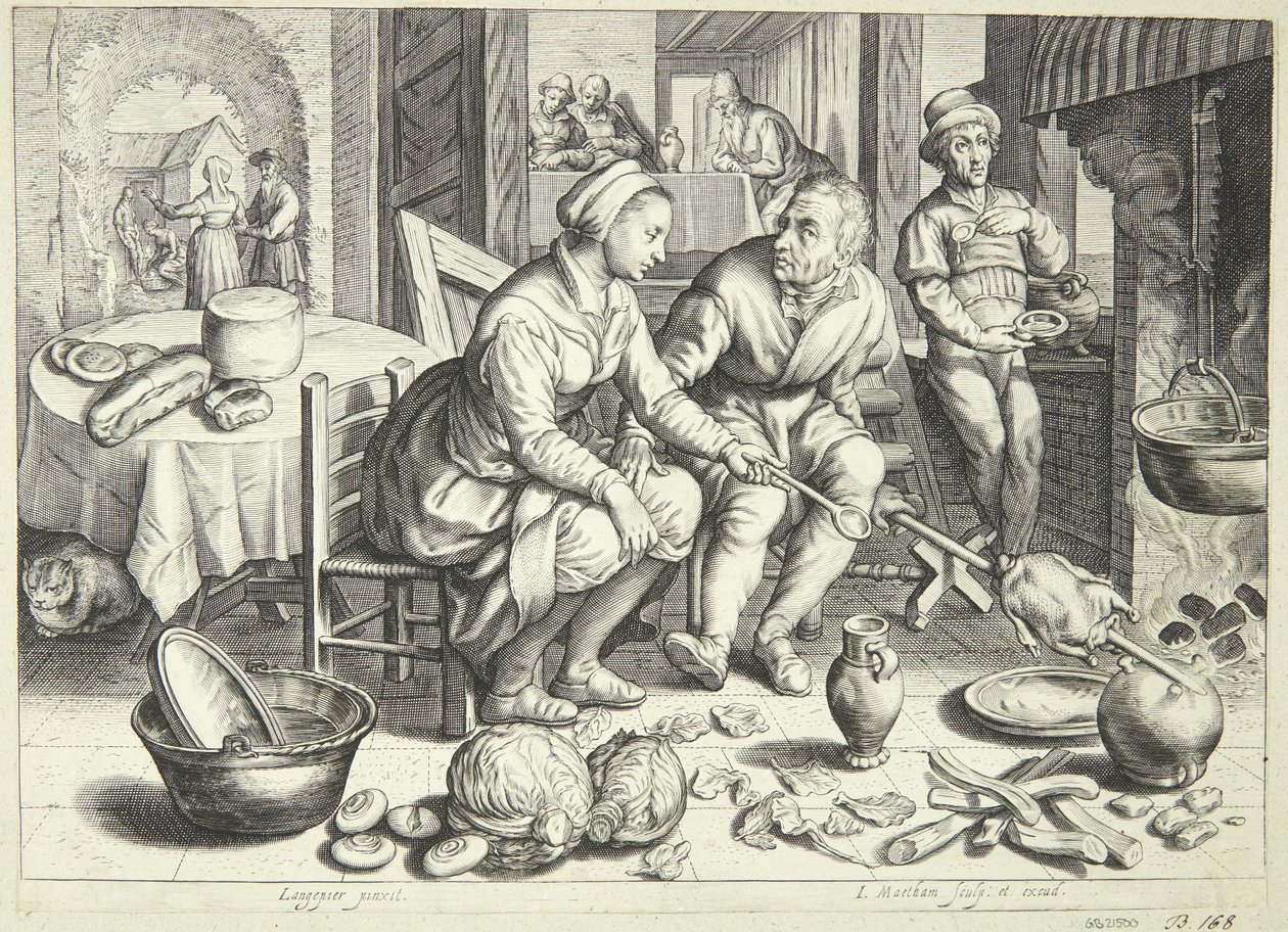Bir erkek ve bir kadın tavuk kızartma ile mutfak sahnesi by Jacob Matham