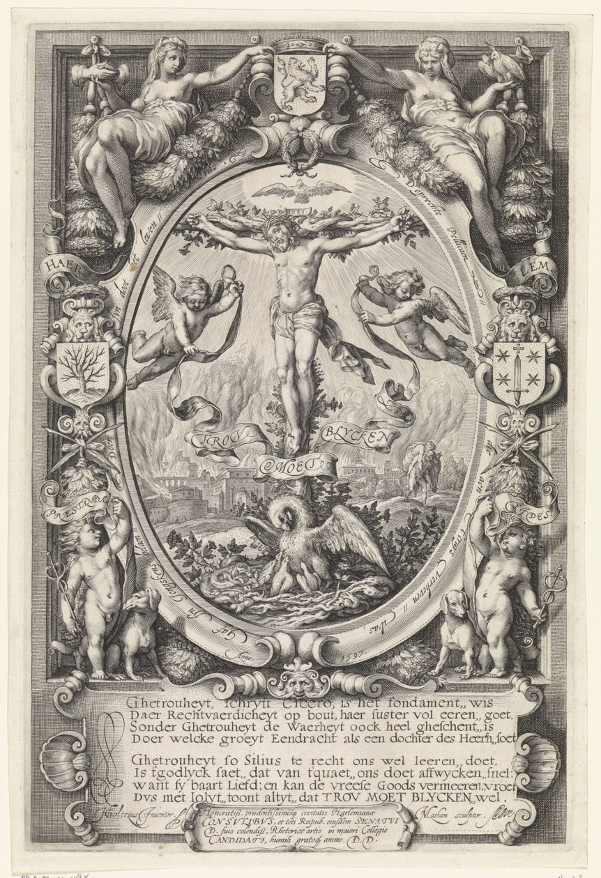 Alegorik çerçevede çarmıha germe Trou blycken olmalıdır (nesnedeki başlık) by Jacob Matham
