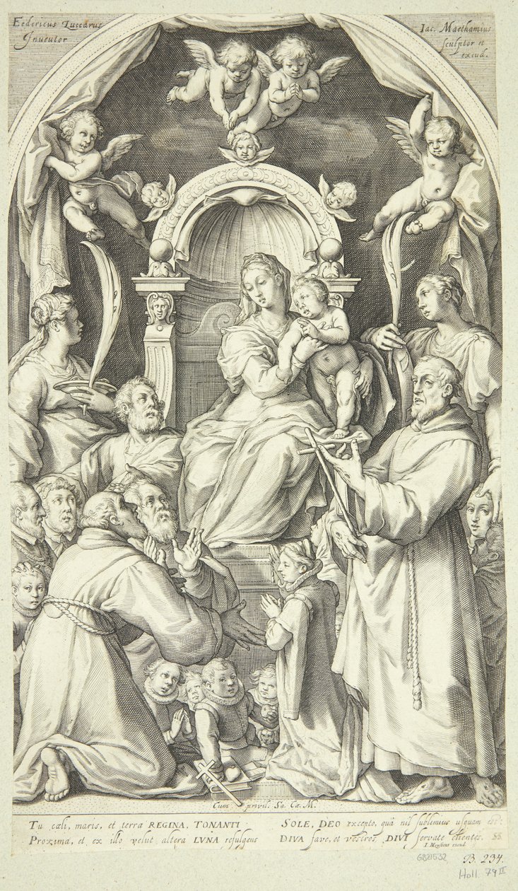 Meryem ve koruyucuları ve azizleri olan çocuk (Aziz Lucia, İskenderiyeli Catherine, Assisili Francis ve Zuccaro ailesinin üyeleri) by Jacob Matham